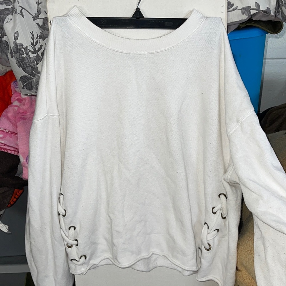 aerie cross sweater with distressed collar